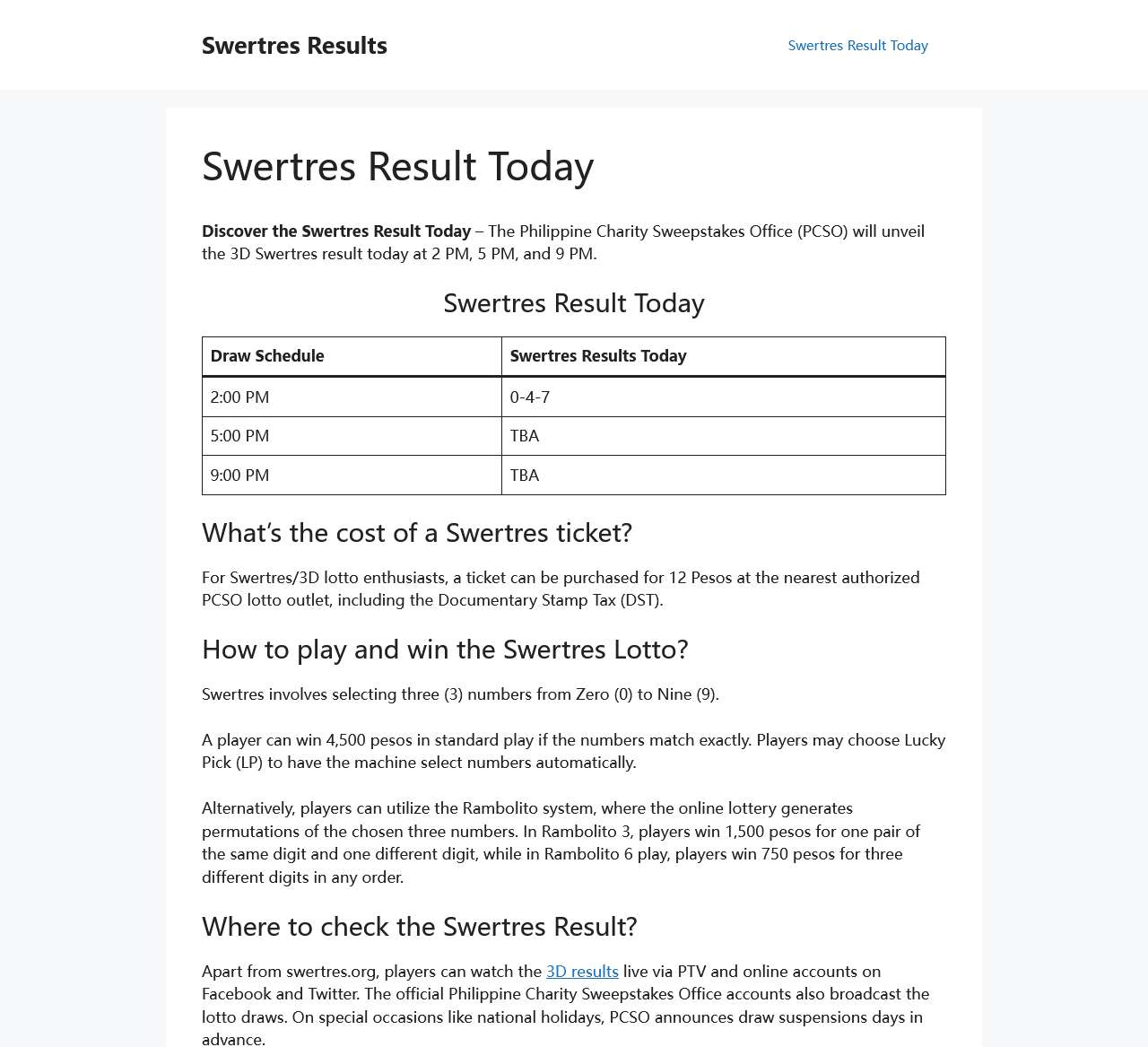 Swertres Results